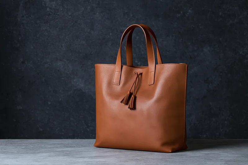Tan leather tote handbag with double handles and tassel detail on dark textured background