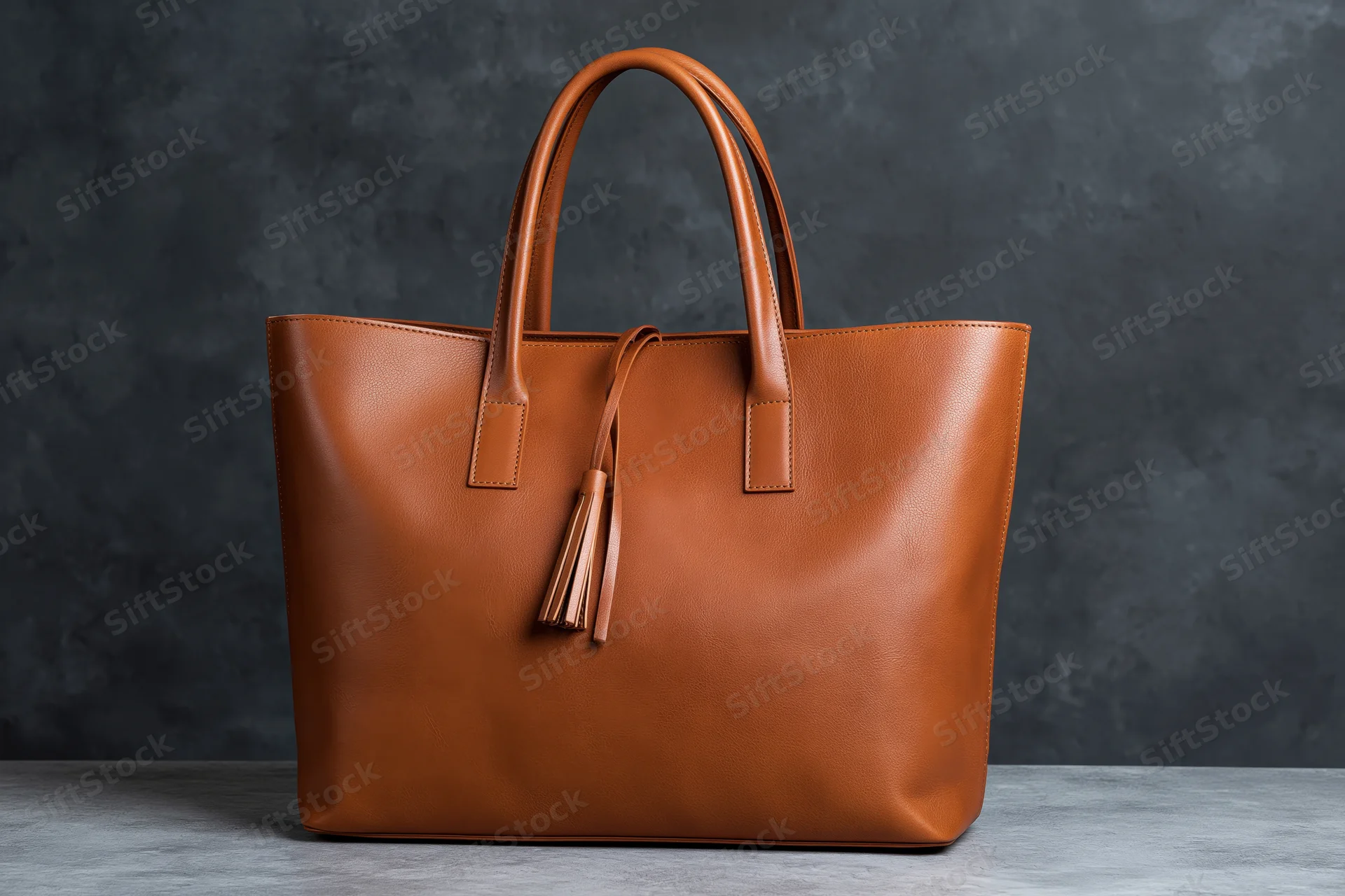 Structured tan leather tote handbag with double top handles and tassel on dark gray surface