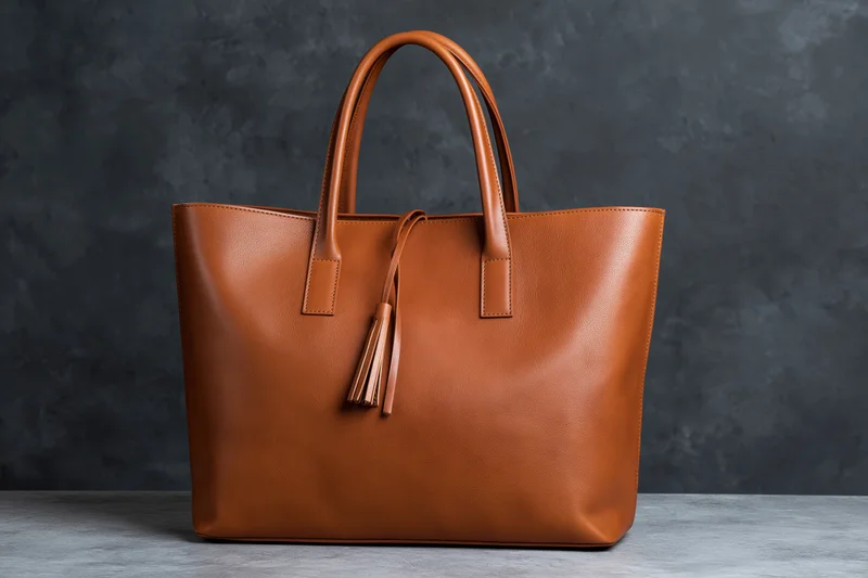 Structured tan leather tote handbag with double top handles and tassel on dark gray surface