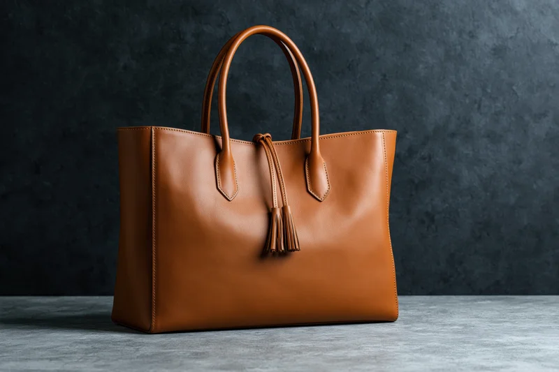 Structured tan leather tote handbag with double top handles and tassel on dark textured surface
