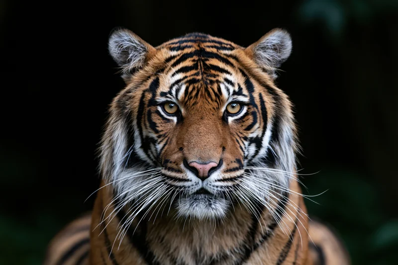 Close-up portrait of a sumatran tiger facing forward with intense gaze in dark forest setting