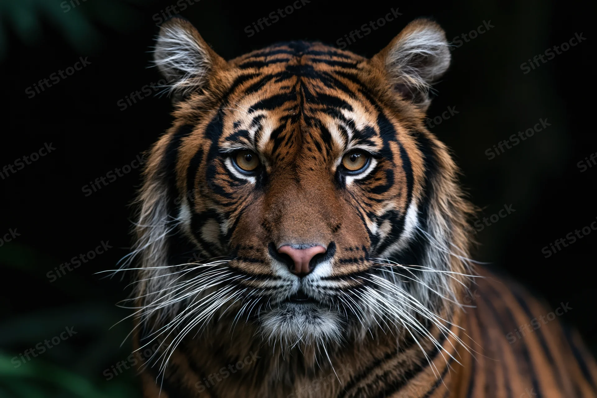 Closeup portrait of a sumatran tiger facing forward in a dark jungle setting