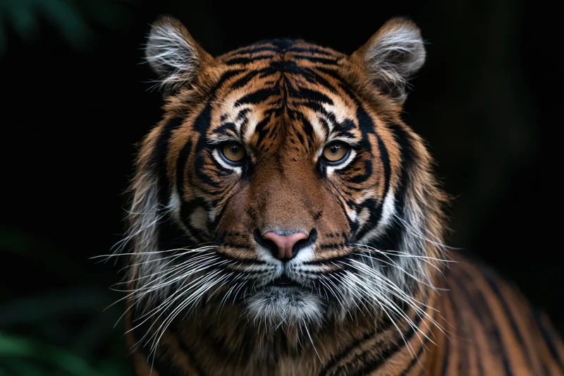 Closeup portrait of a sumatran tiger facing forward in a dark jungle setting