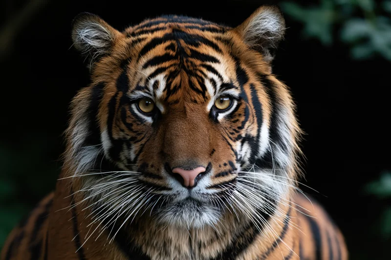 Close-up portrait of a sumatran tiger facing forward with intense gaze in dark jungle setting