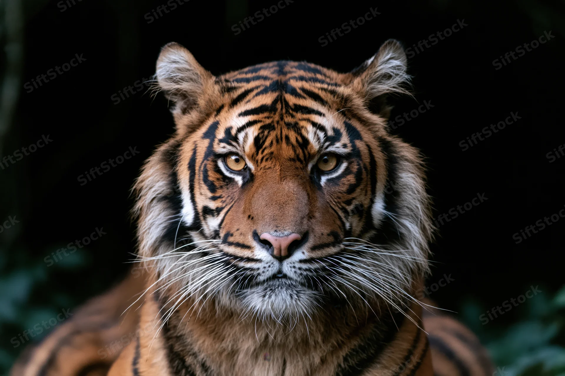 Closeup portrait of a sumatran tiger facing forward in a dark forest setting