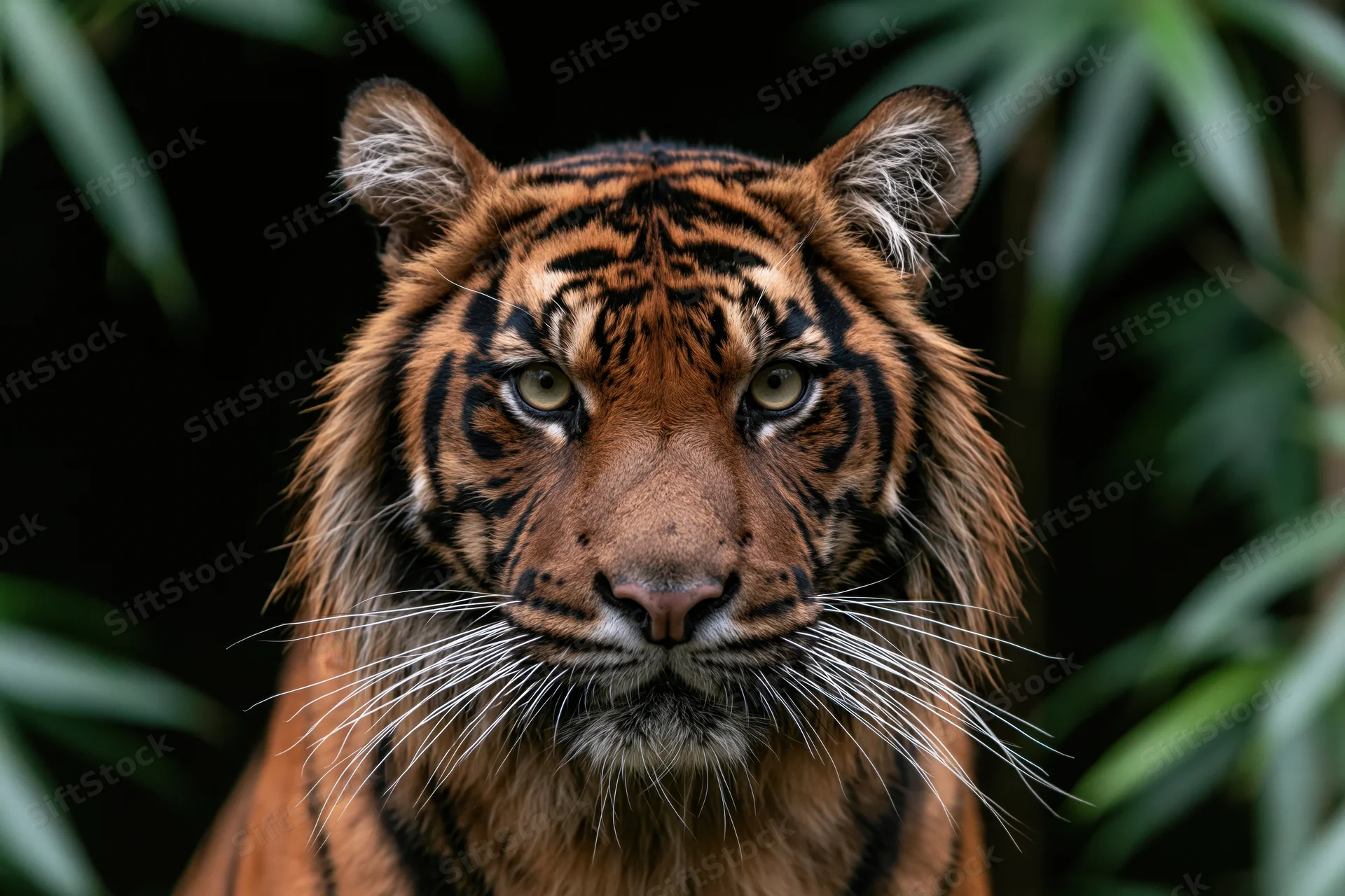 Sumatran tiger facing camera with alert gaze in jungle foliage