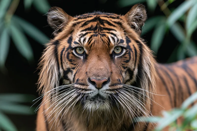 Sumatran tiger facing camera with alert gaze in jungle foliage