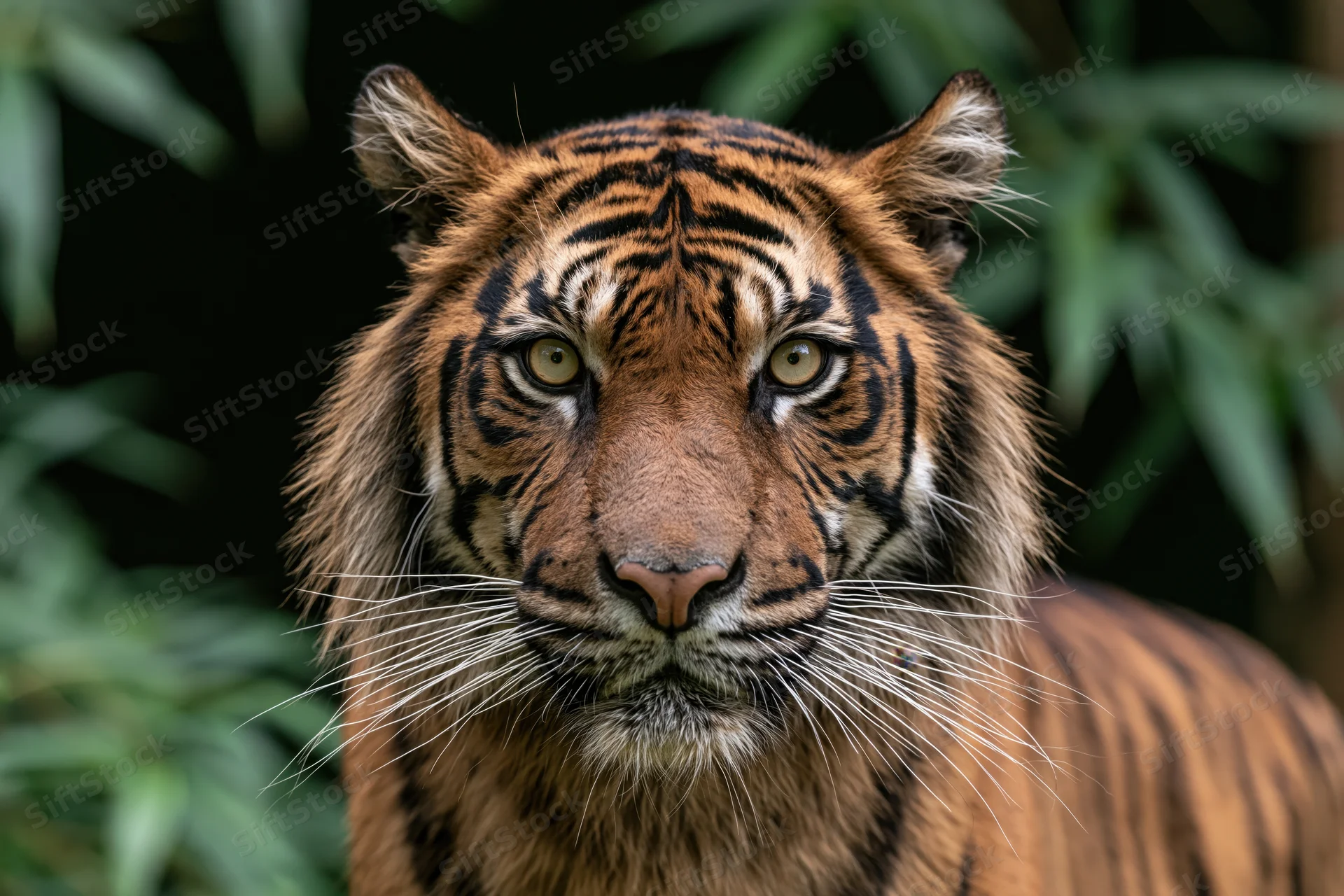 Sumatran tiger facing camera with alert gaze in jungle foliage