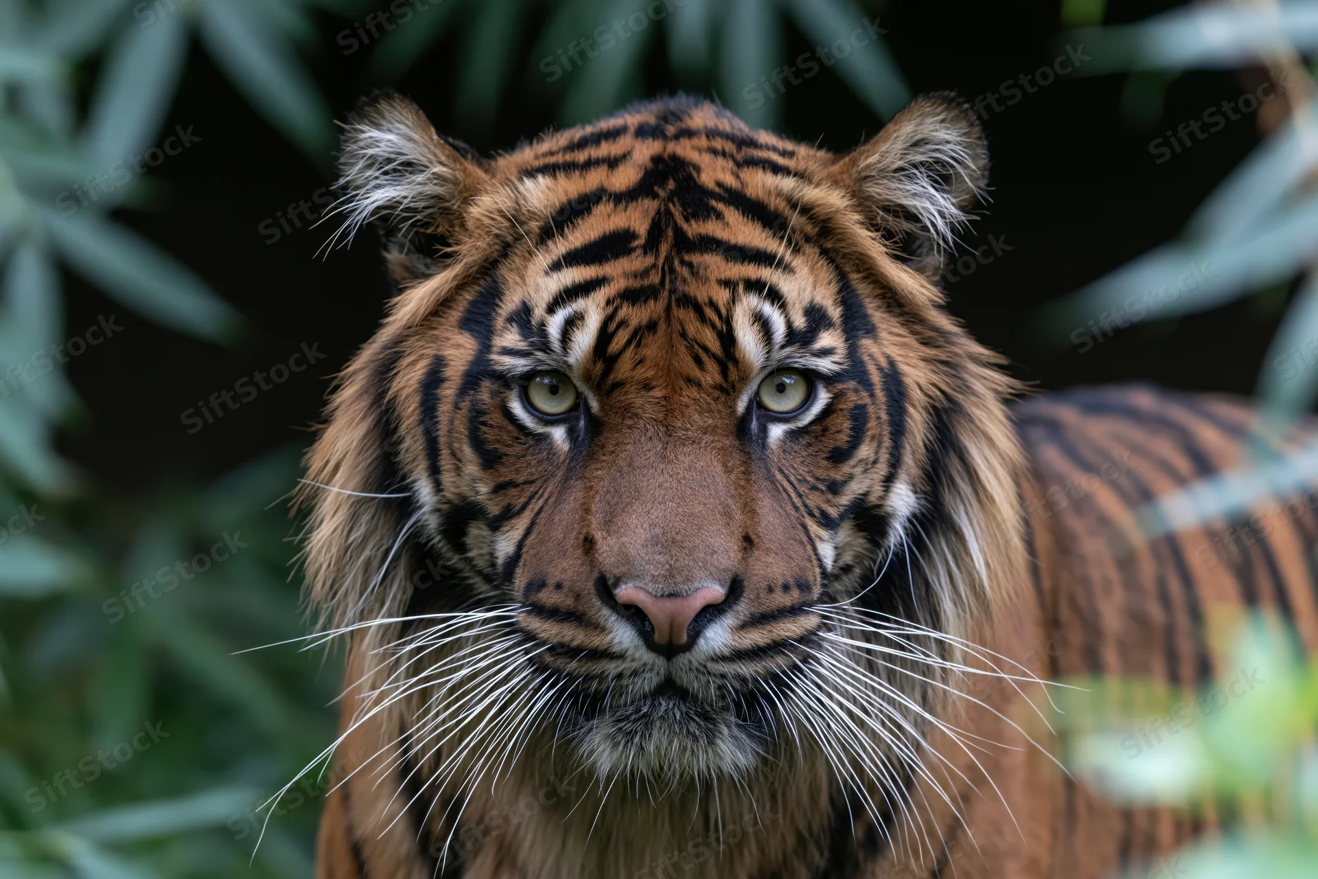 Sumatran tiger facing camera with alert gaze in bamboo foliage