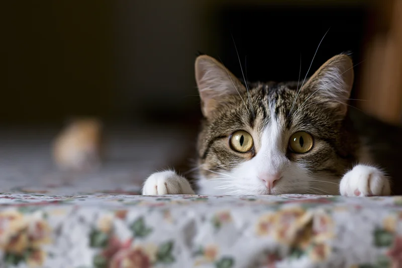 Tabby and white cat peeking over edge of floral patterned tablecloth indoors