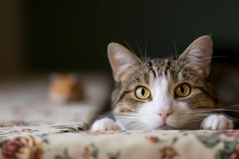 Tabby and white cat peeking over edge of floral patterned tablecloth indoors