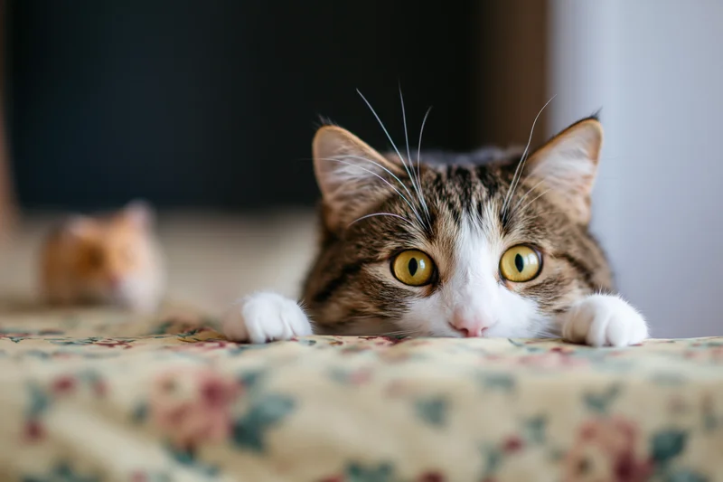 Tabby and white cat peeking over edge of floral patterned tablecloth in bedroom