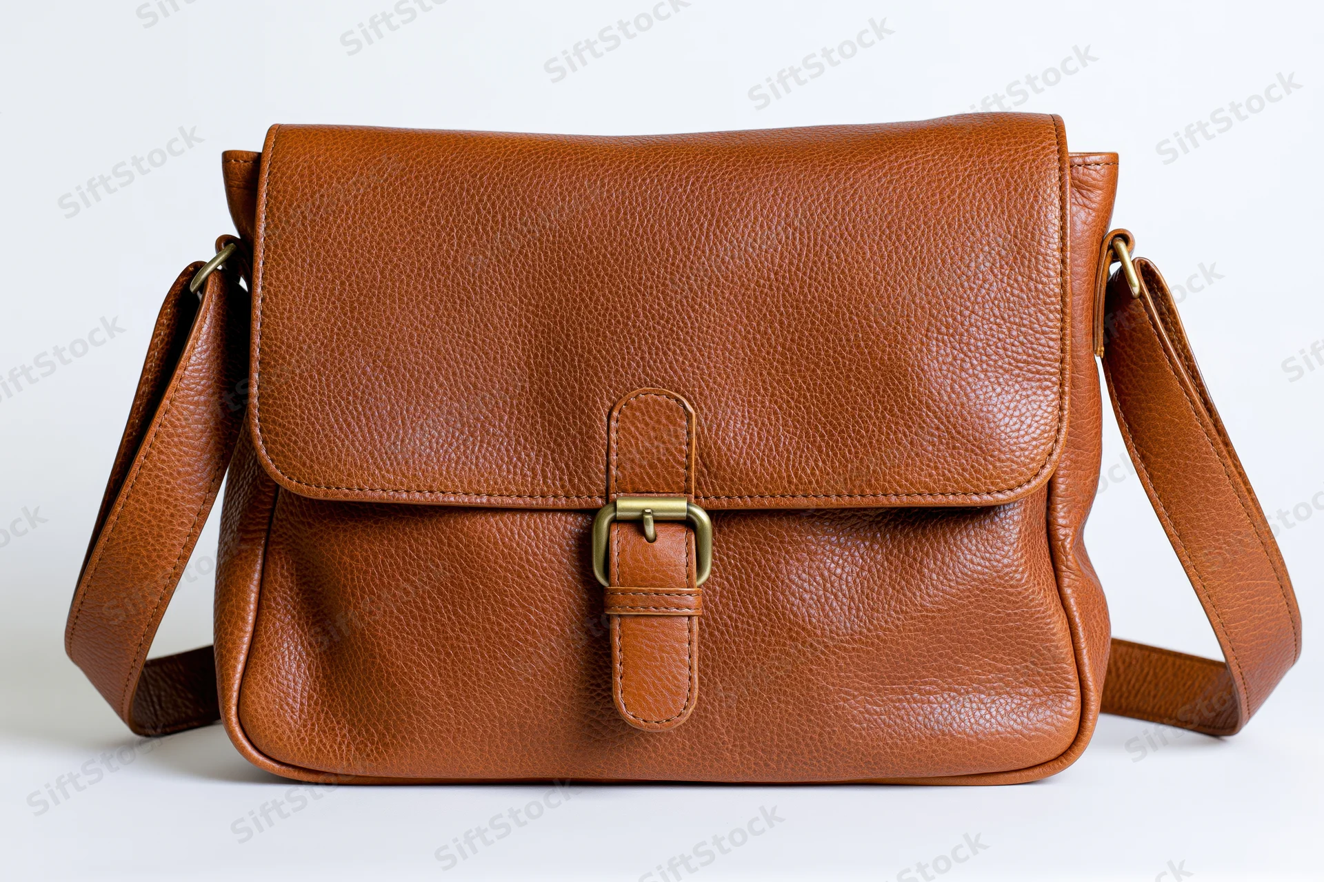 Tan brown leather messenger bag with flap and buckle closure, front-facing on white background