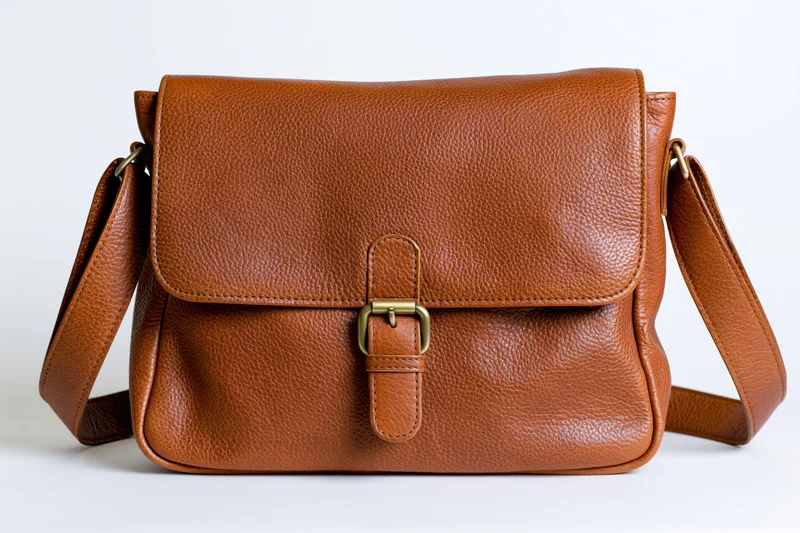 Tan brown leather messenger bag with flap and buckle closure, front-facing on white background