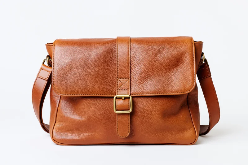 Tan leather messenger bag with flap and buckle closure on white background