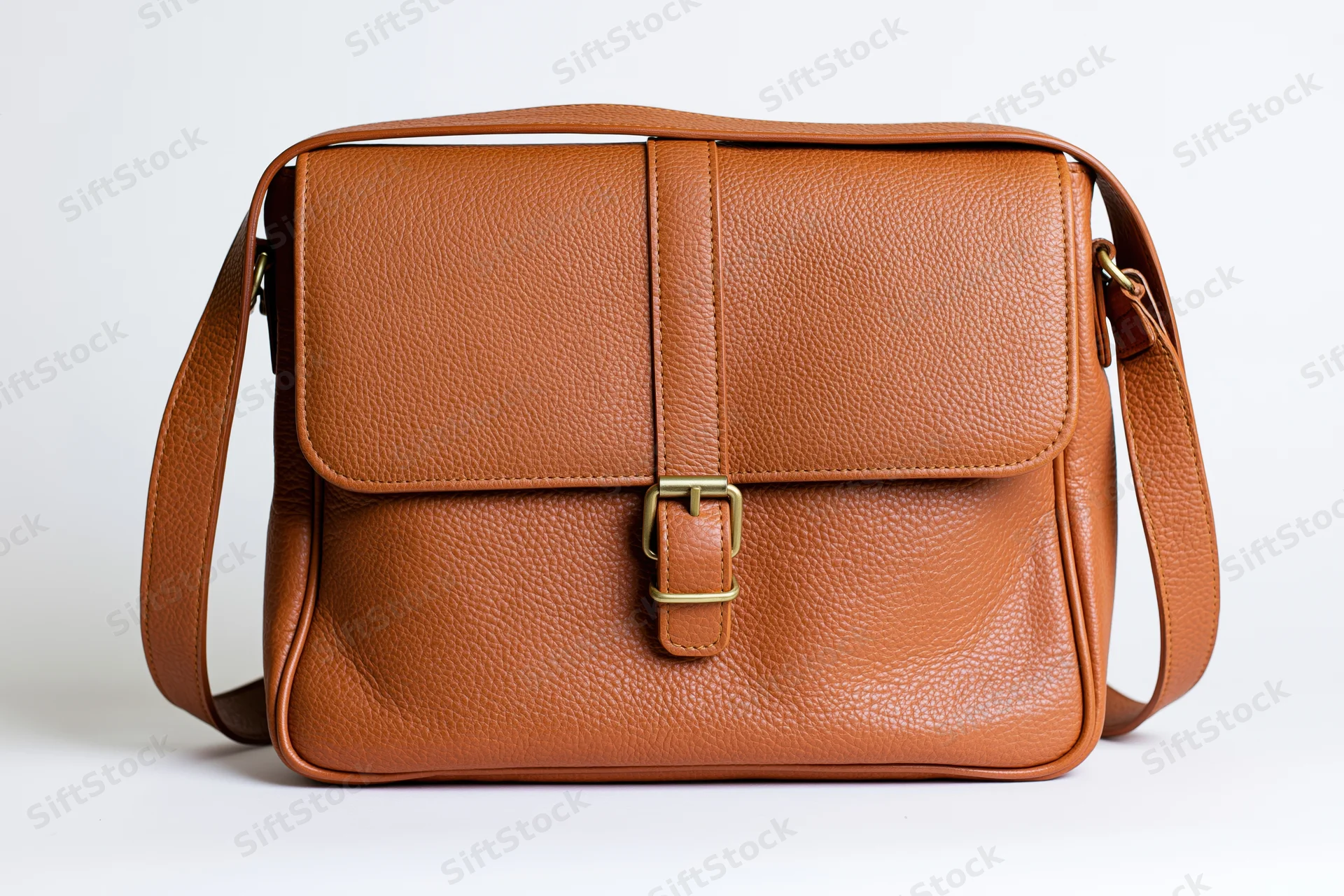 Tan brown leather messenger bag with flap and buckle closure, front-facing on white background