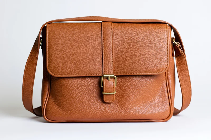 Tan brown leather messenger bag with flap and buckle closure, front-facing on white background