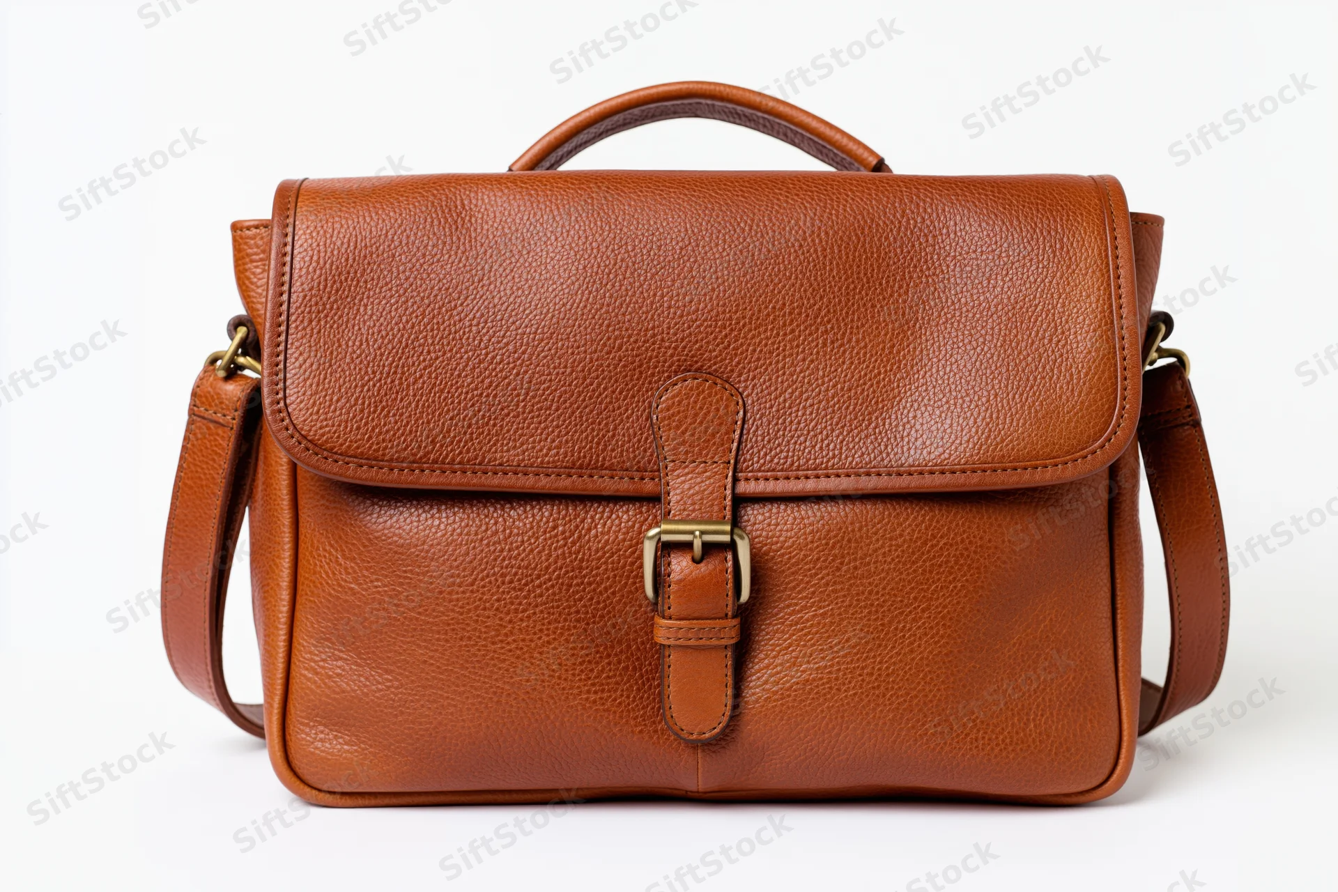 Tan brown leather messenger bag with buckle and strap, front-facing on white background