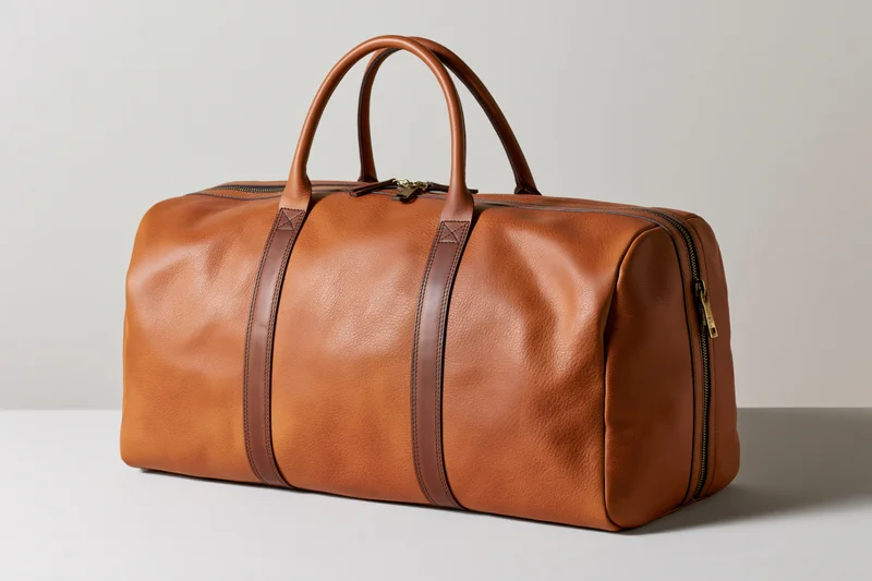 Tan leather duffle bag standing upright on a light grey surface