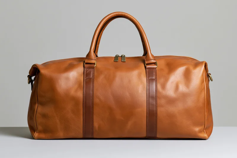 Tan leather duffle bag standing upright on a light grey surface