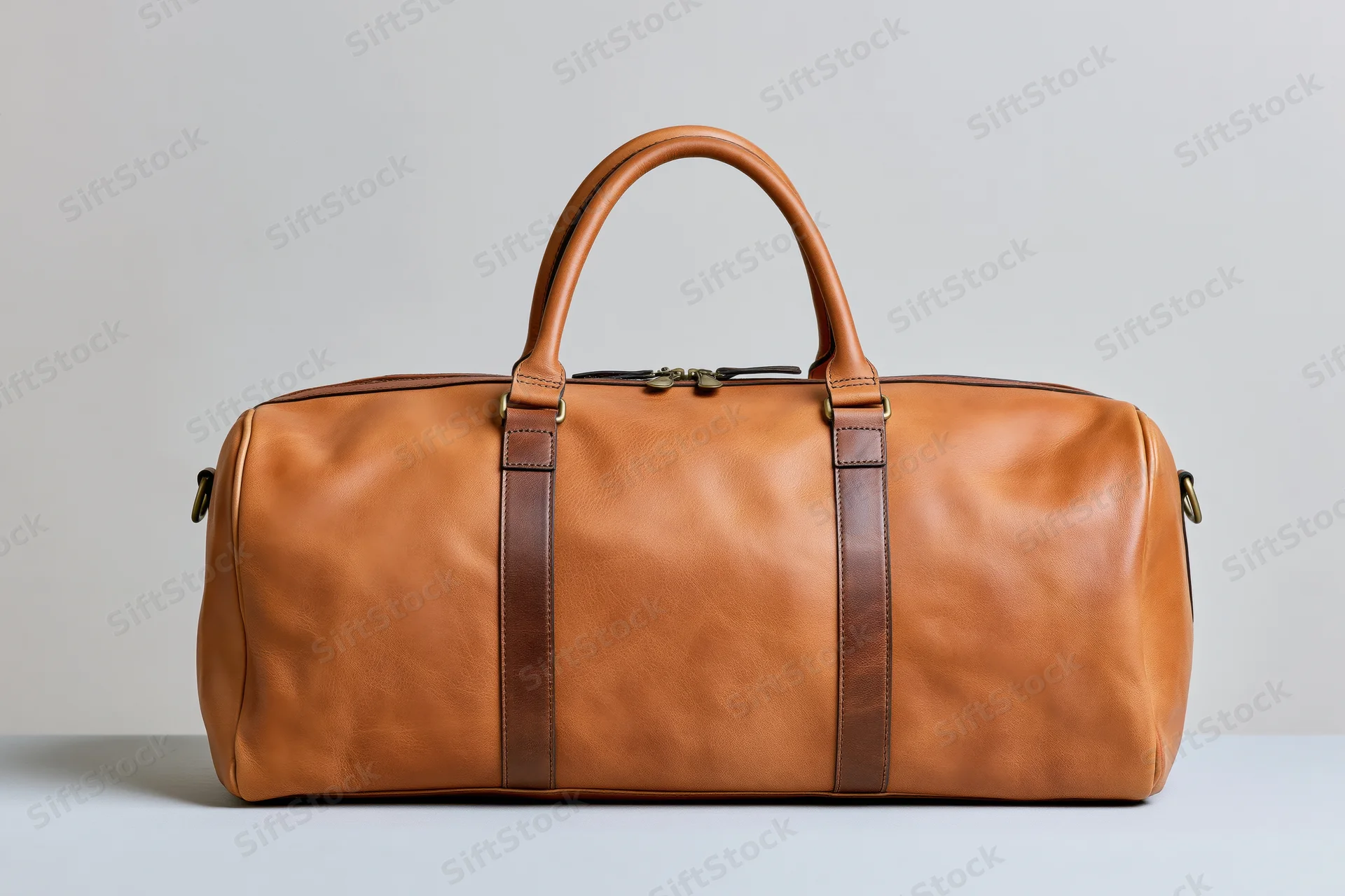 Tan leather duffle bag standing upright on a light grey surface in a studio setting