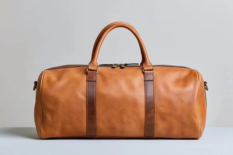 Tan leather duffle bag standing upright on a light grey surface in a studio setting