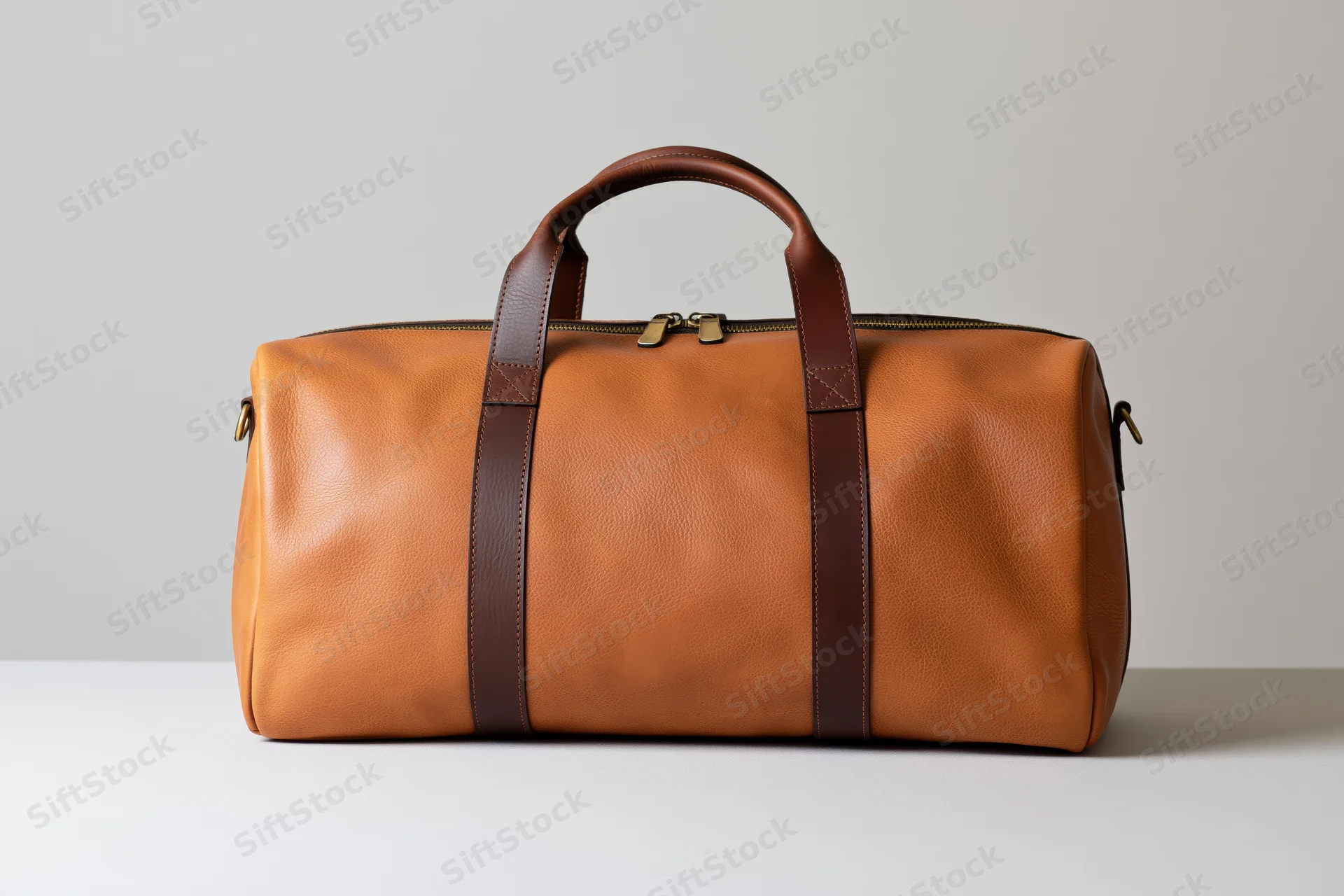 Tan leather duffle bag standing upright on a light grey surface