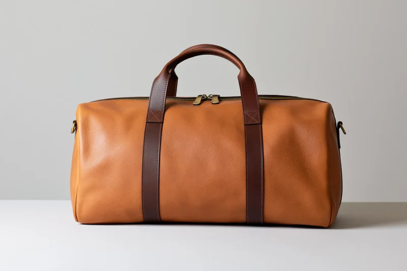 Tan leather duffle bag standing upright on a light grey surface