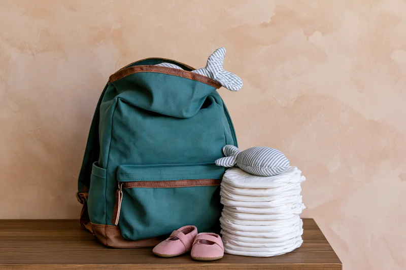 Teal canvas diaper bag backpack with stack of diapers, baby shoes and plush whale toy on wooden surface