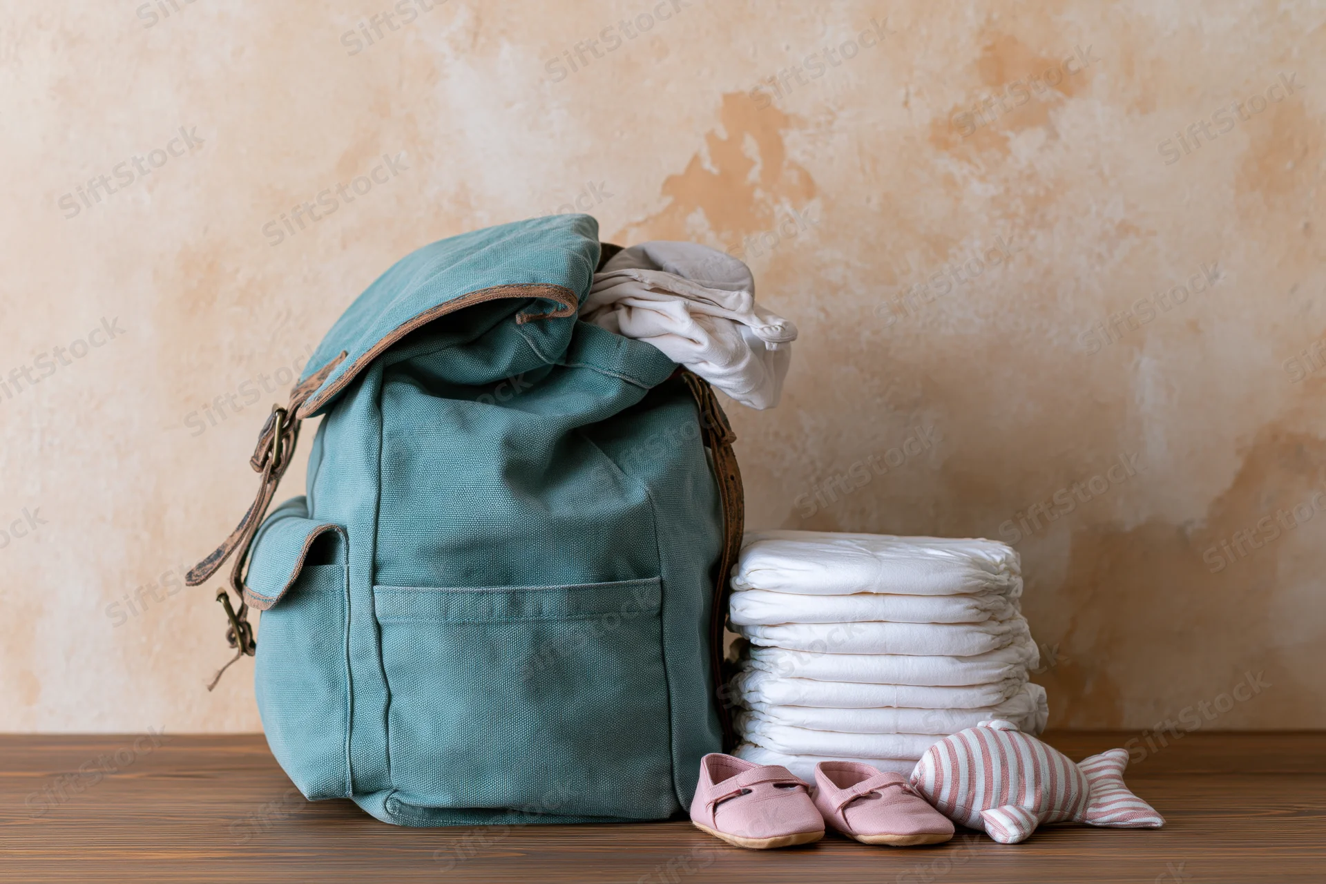 Teal canvas diaper bag backpack with diapers, baby shoes and toy on wooden surface