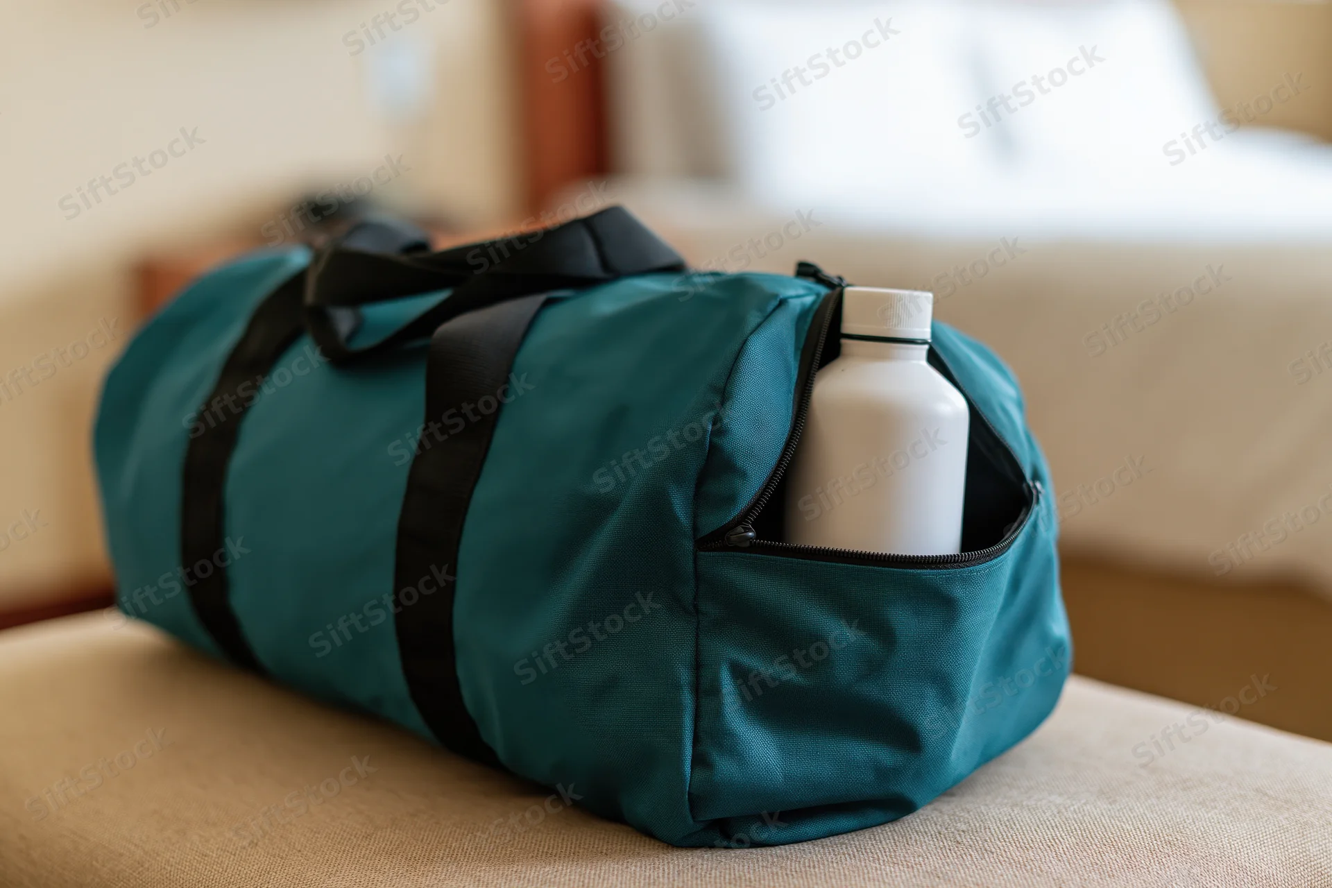 Teal nylon gym duffel bag with black straps and white water bottle on beige bed
