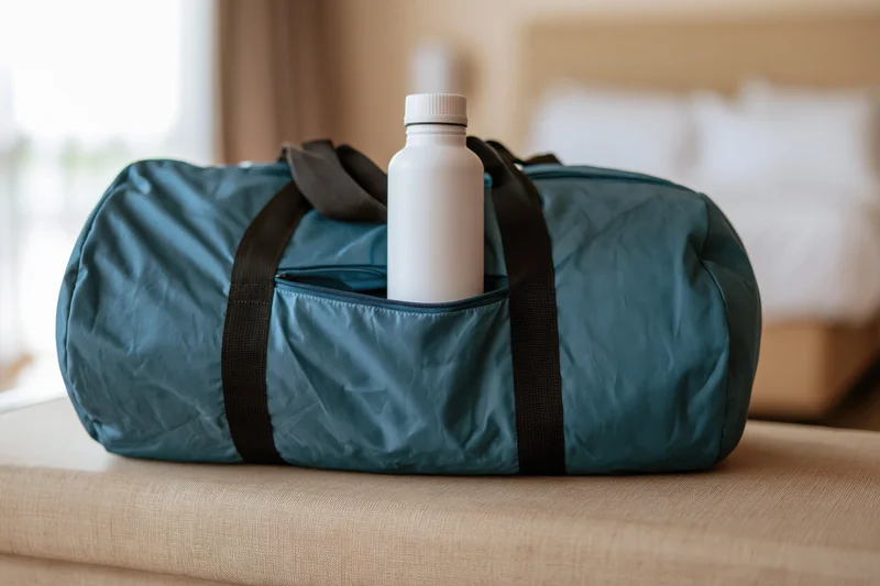 Teal nylon gym duffel bag with white water bottle in front pocket resting on beige surface in bedroom