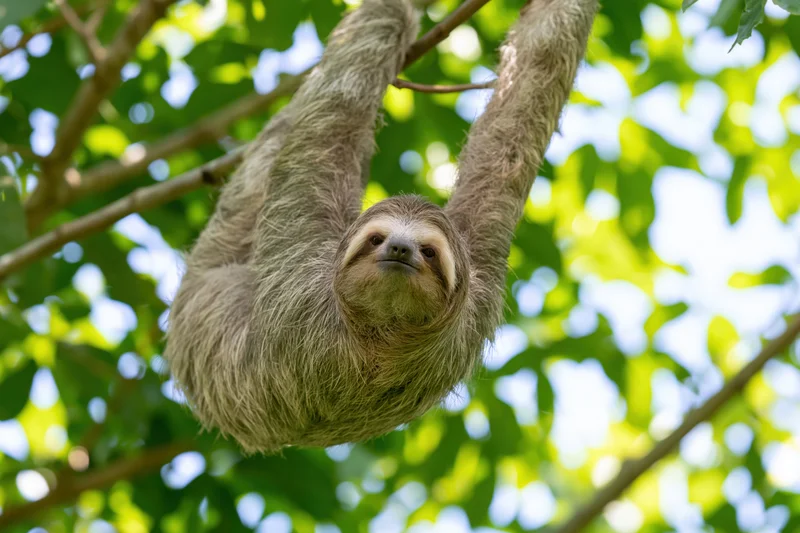 Three-toed sloth hanging from a tree branch in a sunlit forest canopy