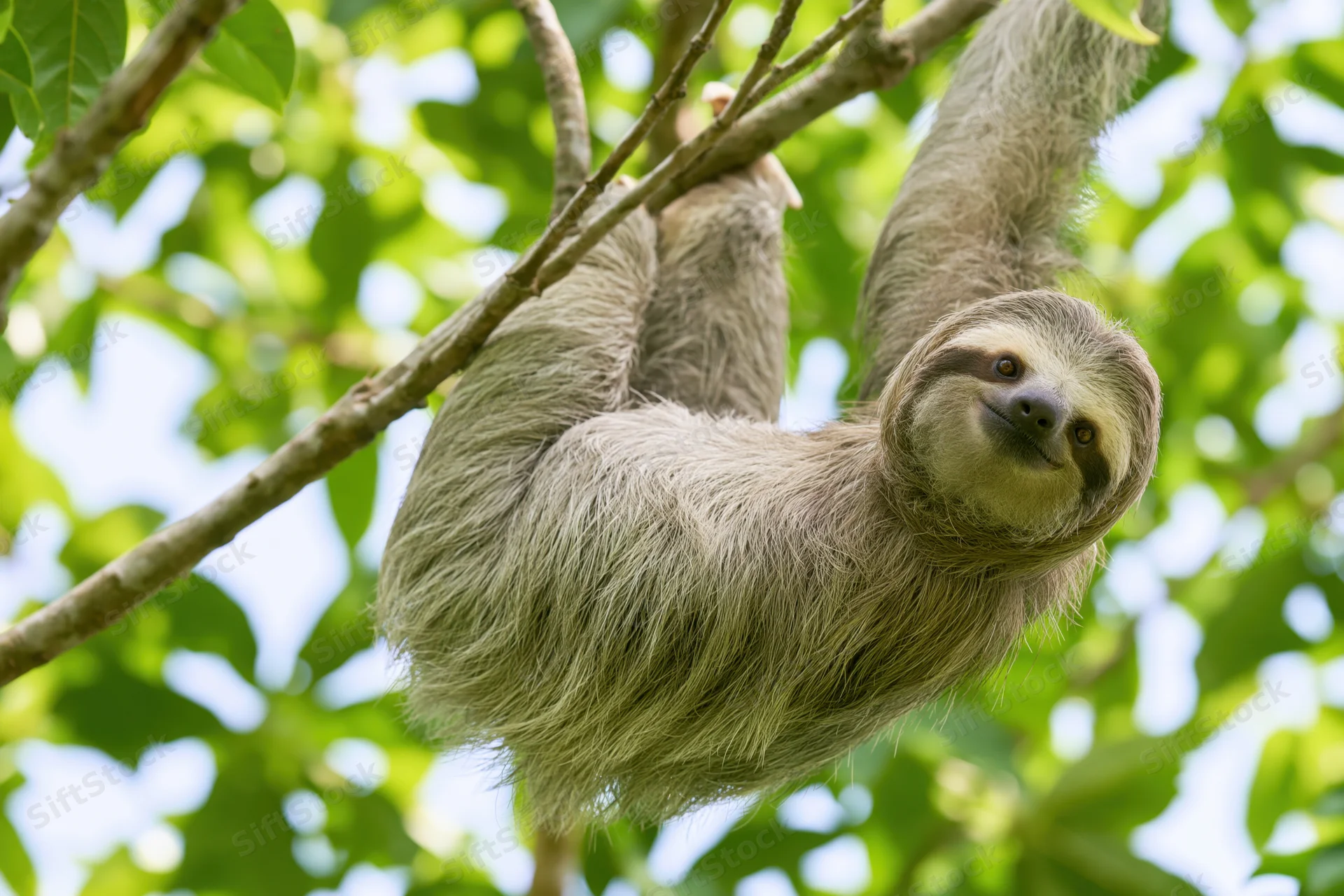 Three-toed sloth hanging from a thin tree branch with fur and calm expression in a green forest canopy