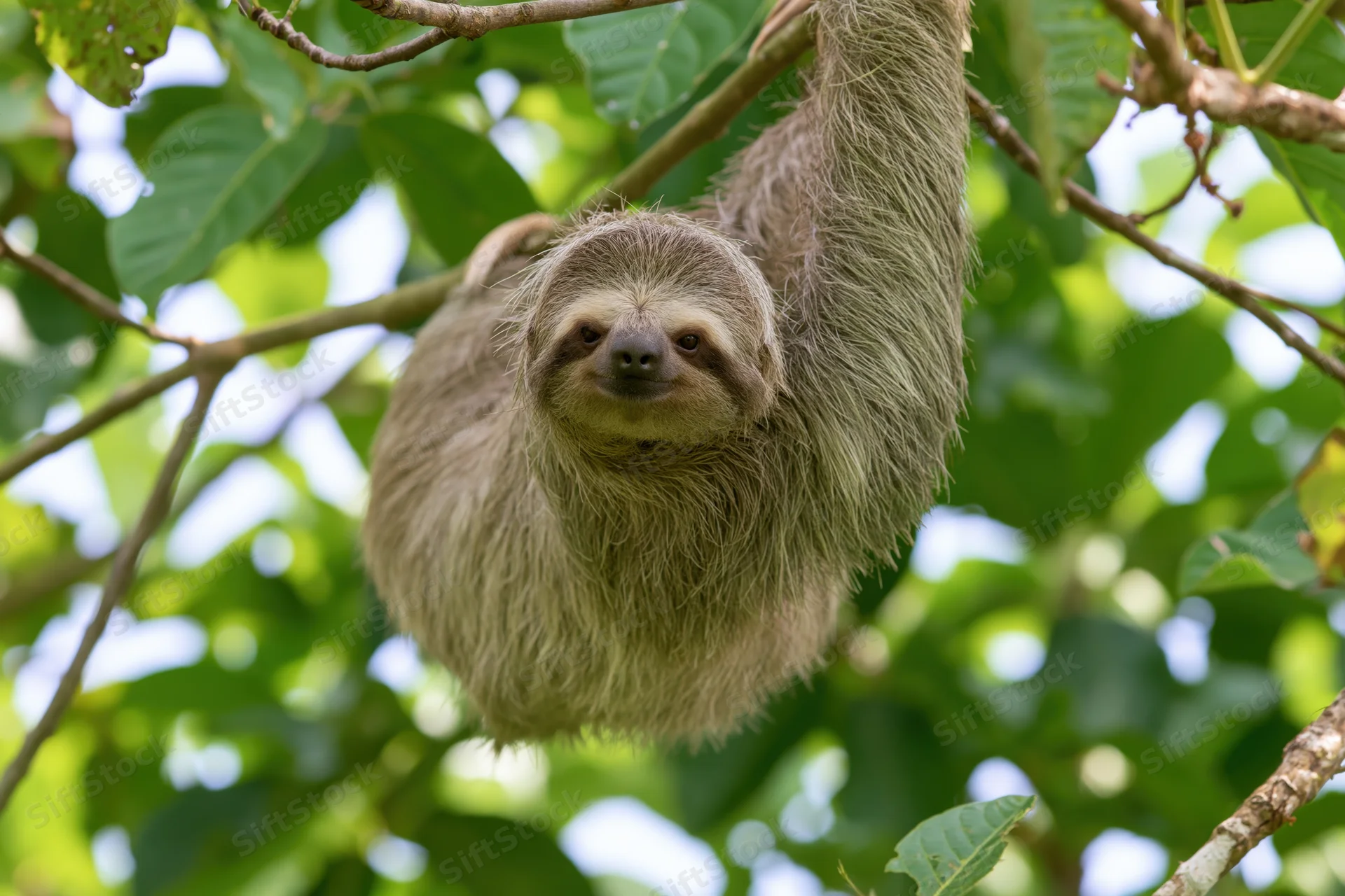 Three-toed sloth hanging from a tree branch in a lush green forest canopy