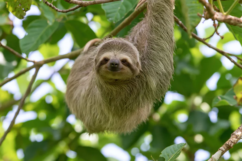 Three-toed sloth hanging from a tree branch in a lush green forest canopy