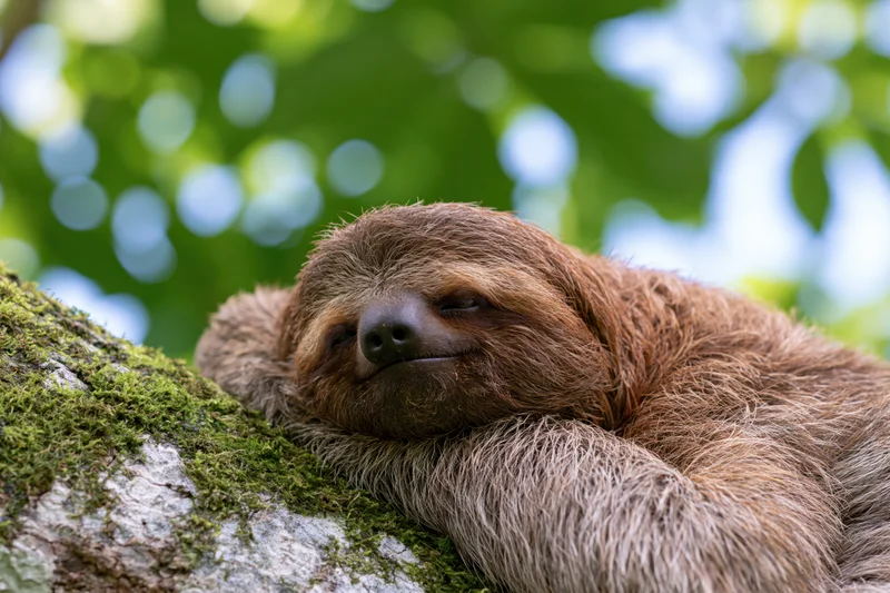 Three-toed sloth resting its head on a mossy tree branch in a lush green forest