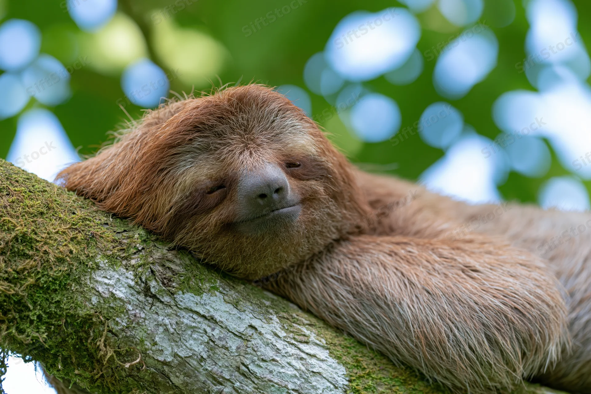 Three-toed sloth resting its head on a mossy tree branch in a lush green forest