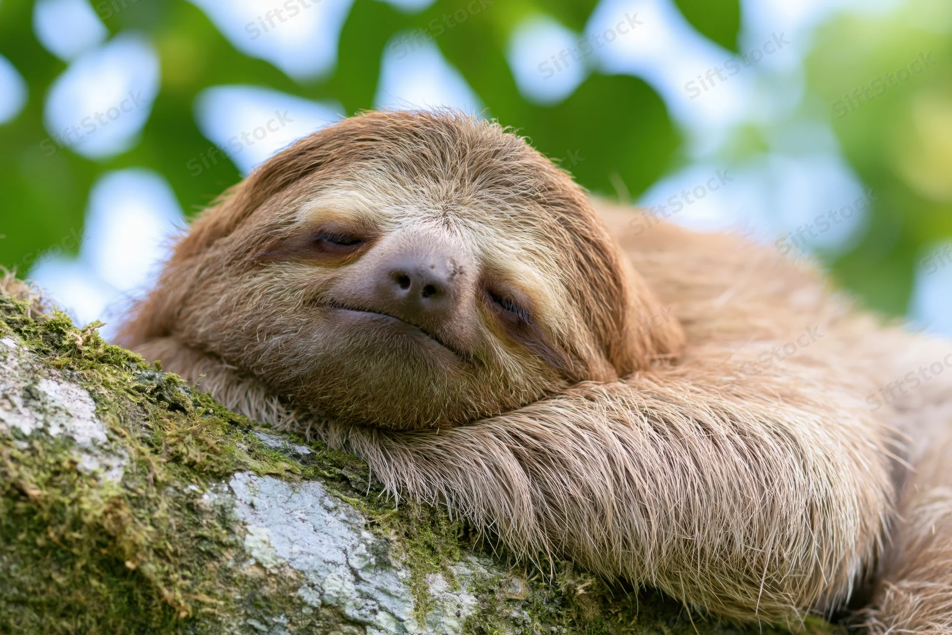 Three-toed sloth resting its head on a mossy tree branch in a lush green forest