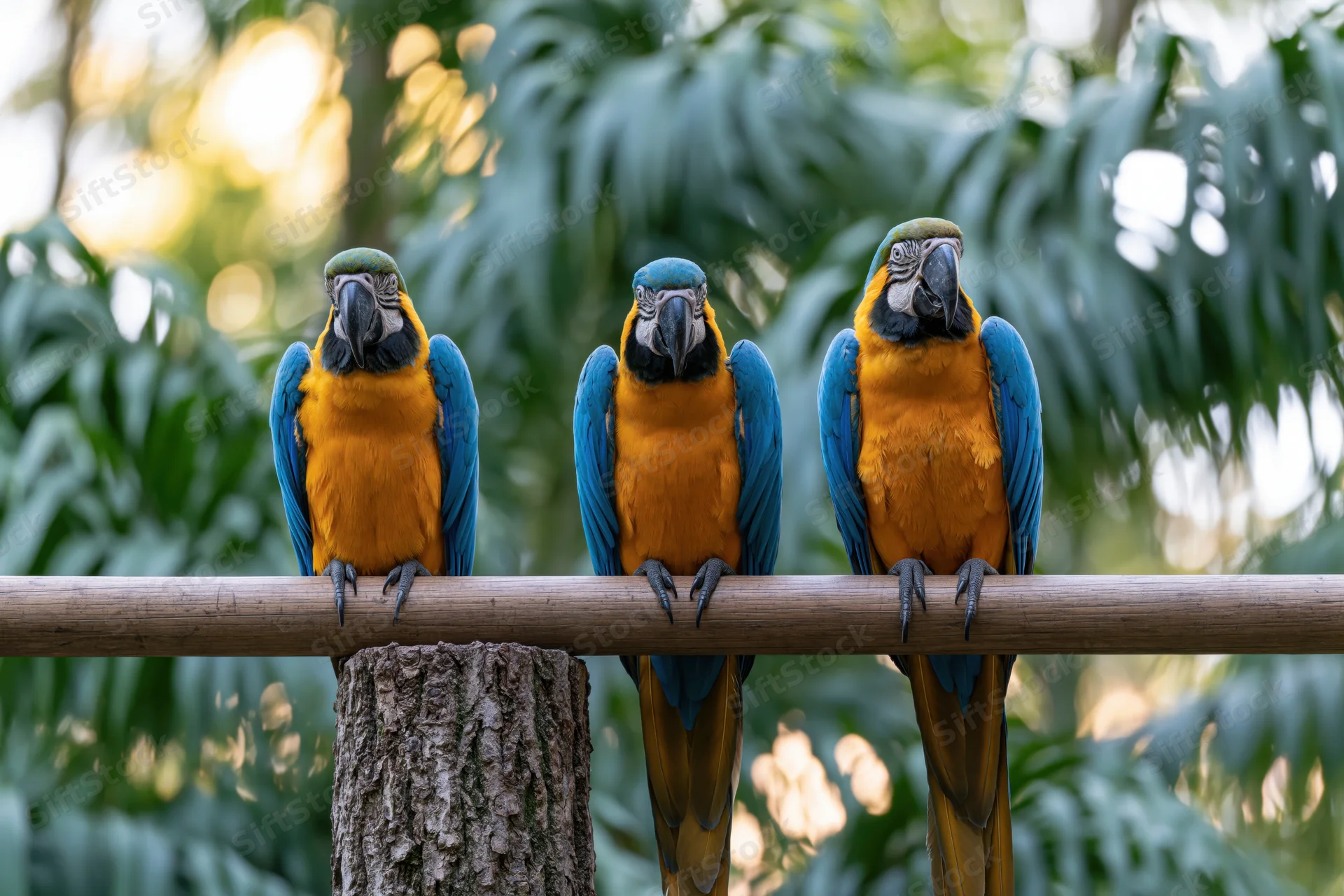 Three blue-and-yellow macaws perched side by side on a thick wooden branch in a lush green forest setting
