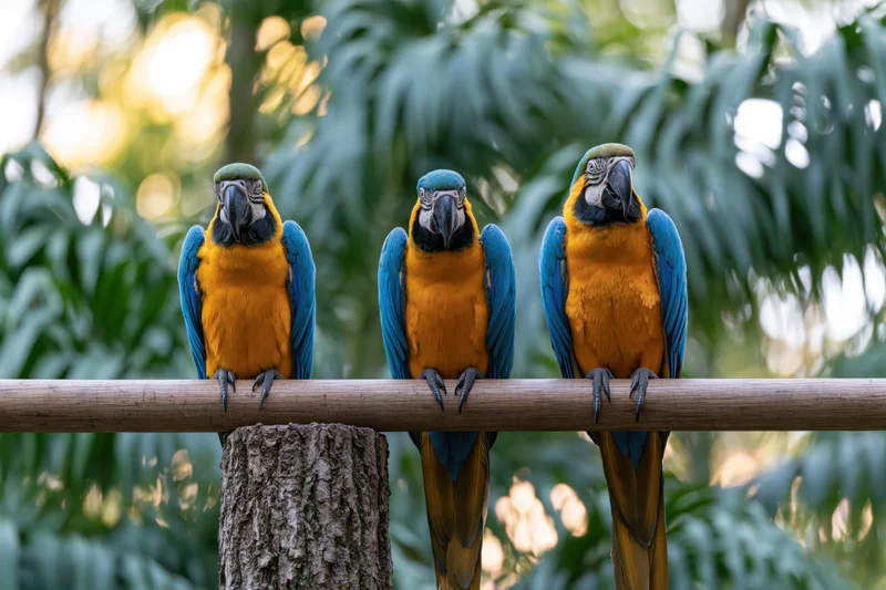 Three blue-and-yellow macaws perched side by side on a thick wooden branch in a lush green forest setting