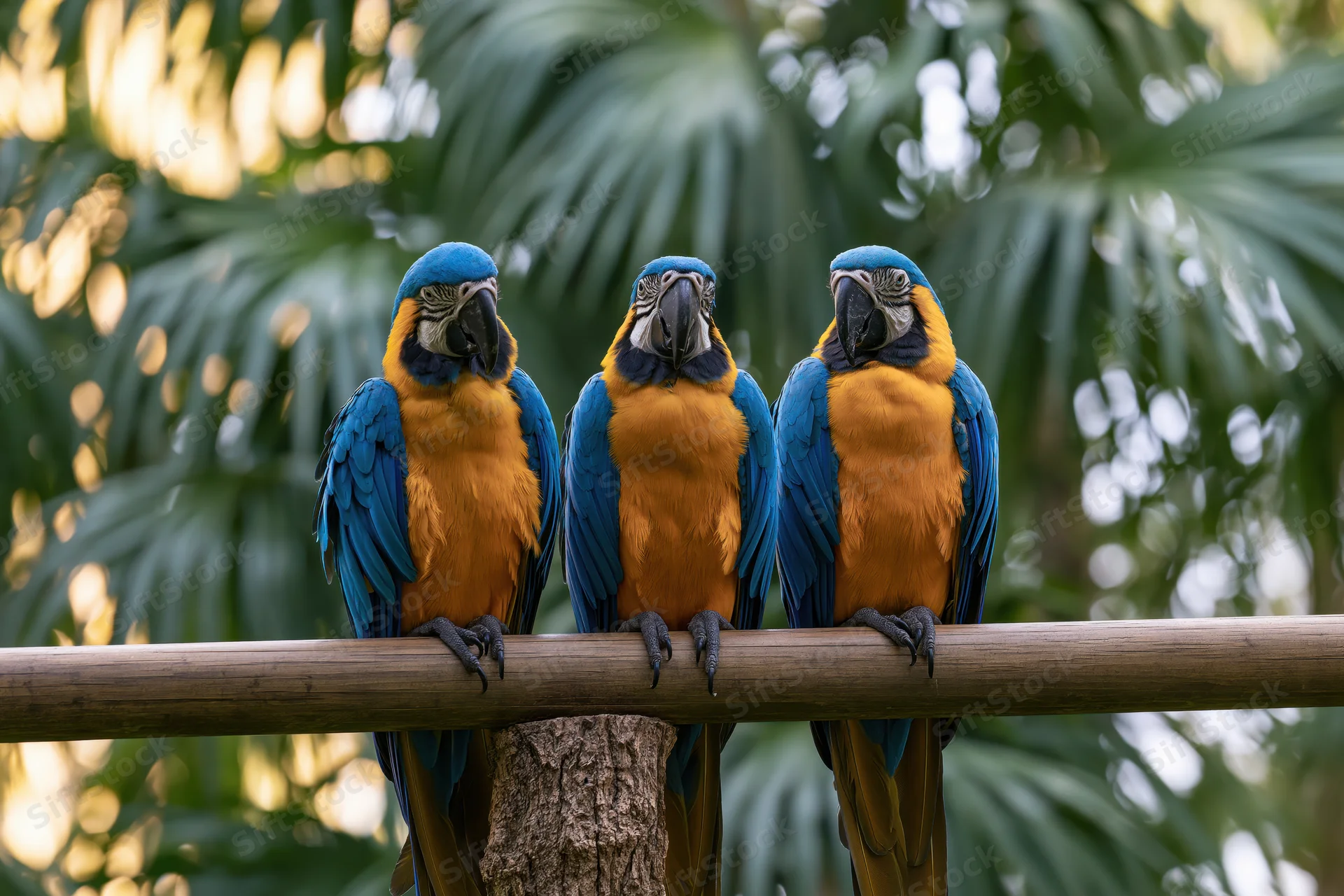 Three blue-and-yellow macaws perched side by side on a thick bamboo branch with palm fronds in the background