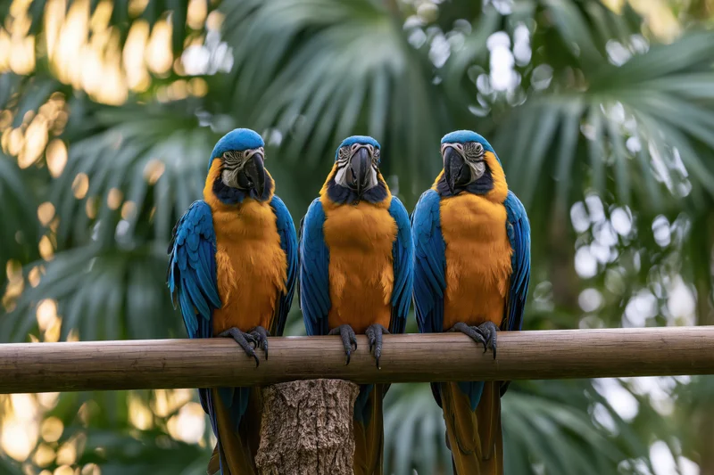 Three blue-and-yellow macaws perched side by side on a thick bamboo branch with palm fronds in the background