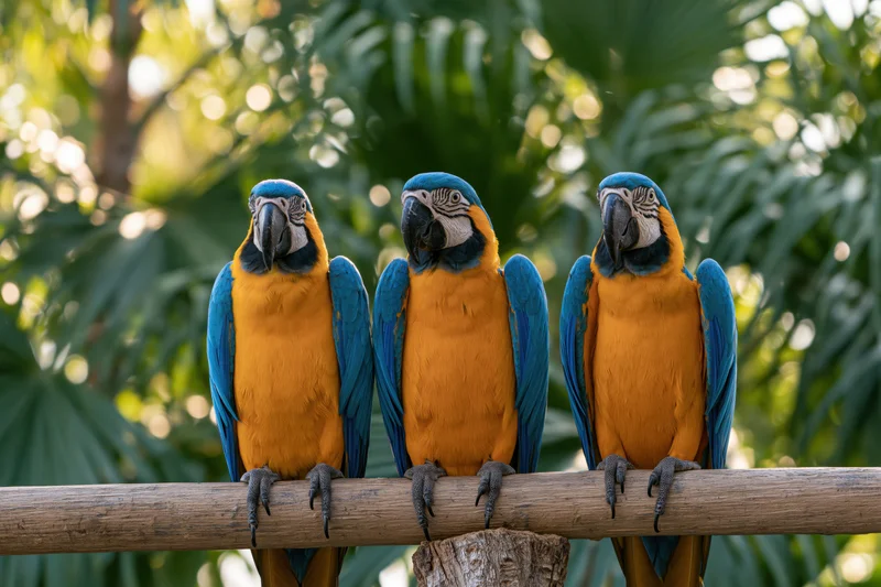 Three blue-and-yellow macaws perched side by side on a thick wooden branch in a lush green tropical setting