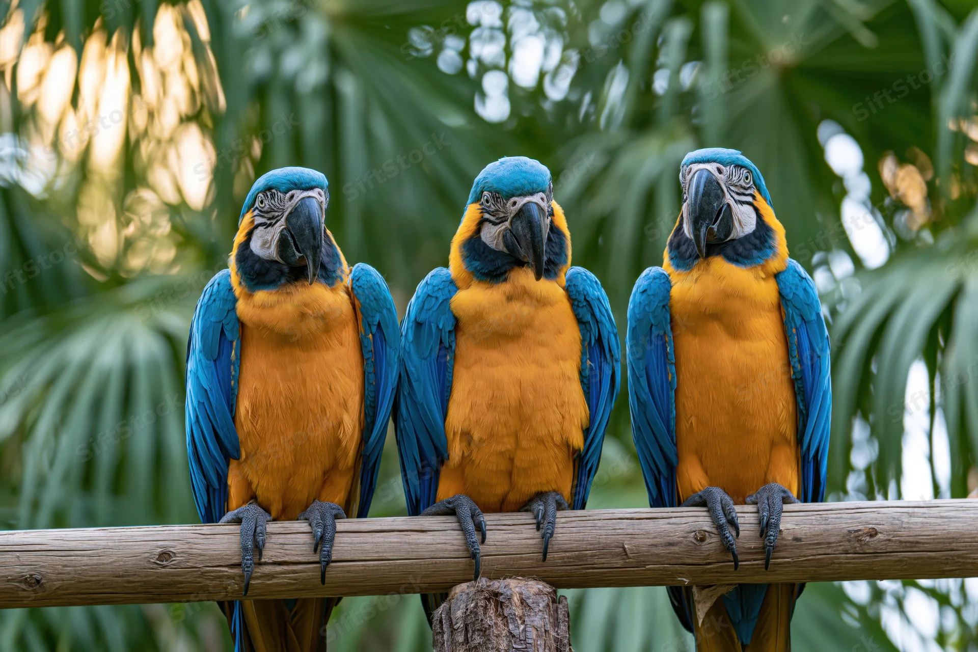 Three blue-and-yellow macaws perched side by side on a thick wooden branch surrounded by green palm foliage