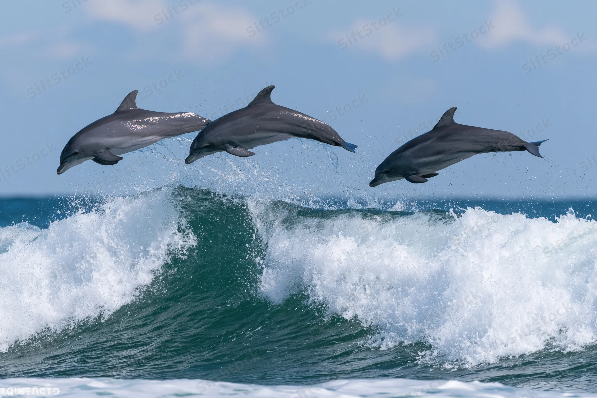 Three bottlenose dolphins leaping above a large wave