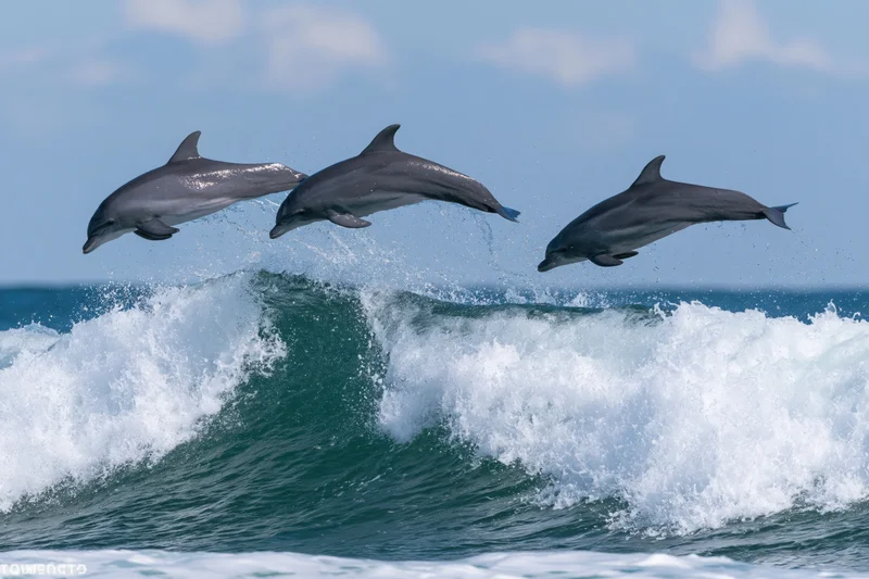 Three bottlenose dolphins leaping above a large wave