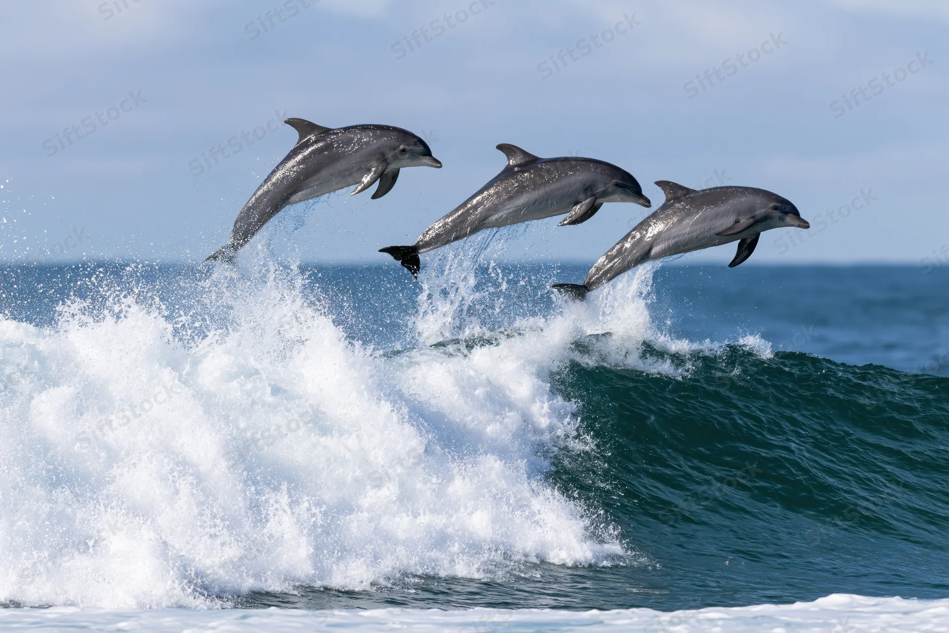 Three dolphins leaping above a breaking ocean wave