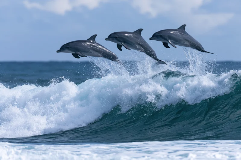 Three bottlenose dolphins leaping above a breaking ocean wave