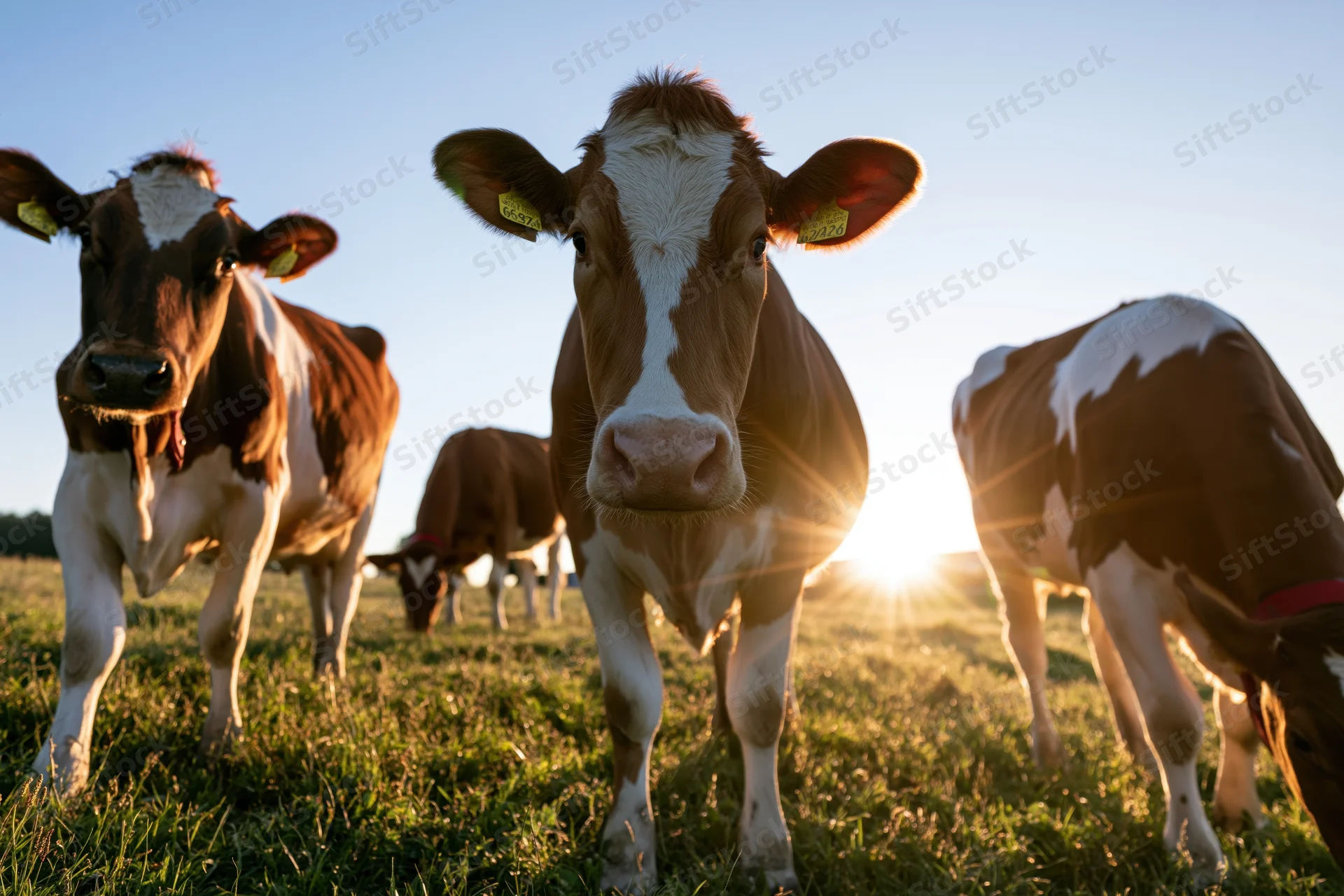 Brown and white dairy cows standing and grazing in a sunlit grassy pasture